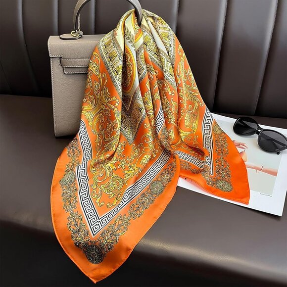 Women Orange Golden Headscarf Satin Bandana Pattern Polyester Breathable Scarves - Picture 6 of 6